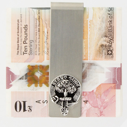 Anderson Clan Crest Money Clip - with some real Scottish notes for illustrative purposes only.