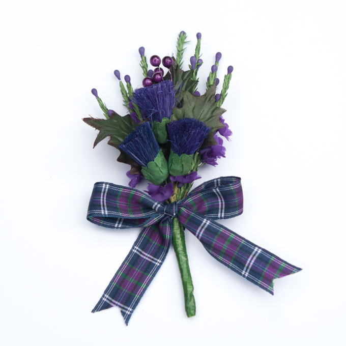 Scottish Thistle Brooch buttonhole corsage Tartan ribbon Diamante 